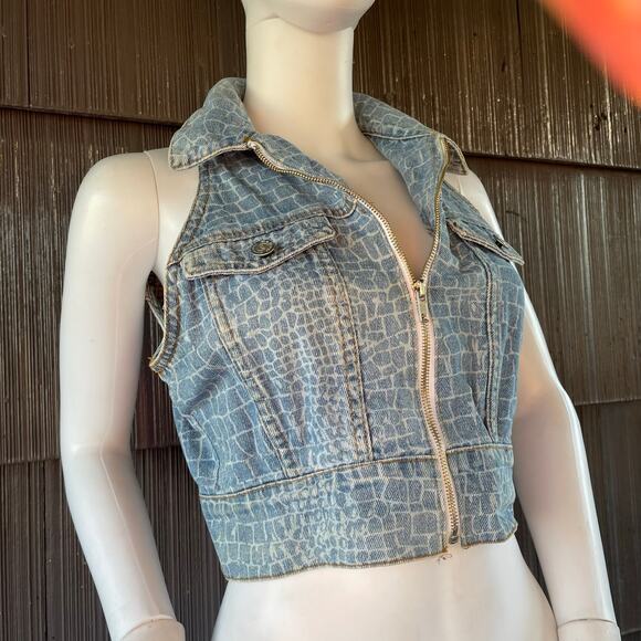 🔥VTG Y2K Be Bop Alligator Print Denim Cropped Vest Full Zip Biker Retro Grunge - Picture 3 of 12